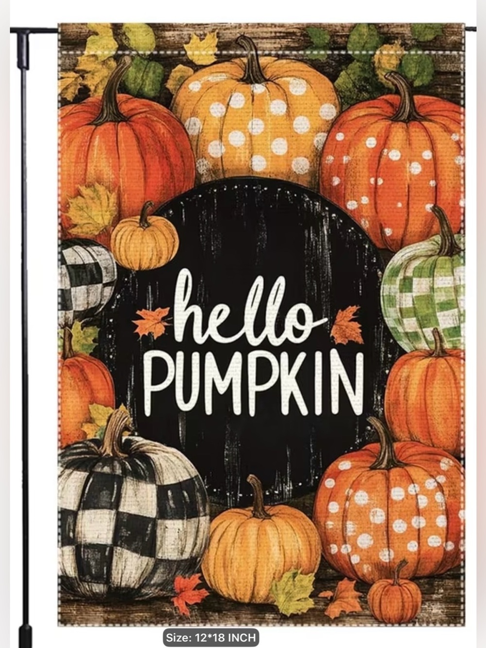 Hello Pumpkin Fall Garden Flag with Patterned Pumpkins